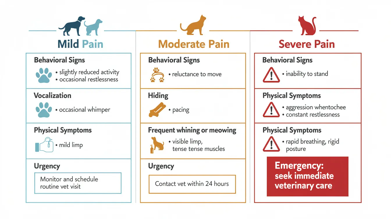 The image depicts a severity assessment chart for pain levels in dogs, organized into three columns: mild, moderate, and severe. Each column lists corresponding behavioral signs, vocalization patterns, physical symptoms, and recommended urgency for pet owners to seek veterinary advice, helping them recognize when their dog is in pain or experiencing discomfort.