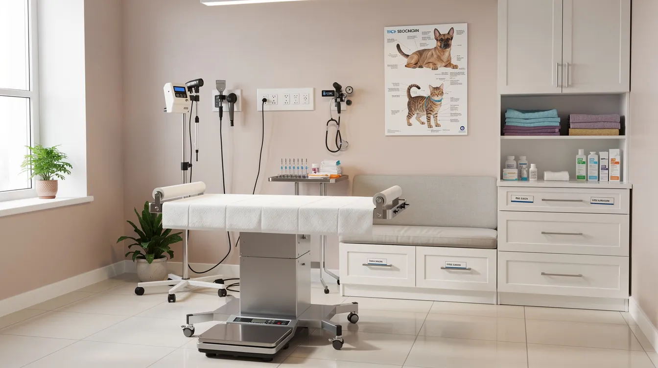 The image depicts a veterinary examination room designed for pet care, featuring medical equipment and a serene atmosphere. This setting emphasizes the importance of proper pain management for pets, including the use of veterinary prescribed medications for conditions like joint pain and chronic pain in dogs.