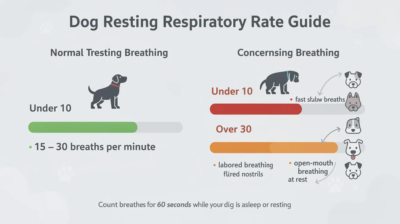 The image features an interactive chart that compares normal resting respiratory rates in dogs with concerning breathing patterns indicative of declining health, such as labored breathing and open mouth breathing. This visual tool is essential for pet owners and family members to recognize signs of a dying dog and assess their beloved pet's quality of life during their final days.