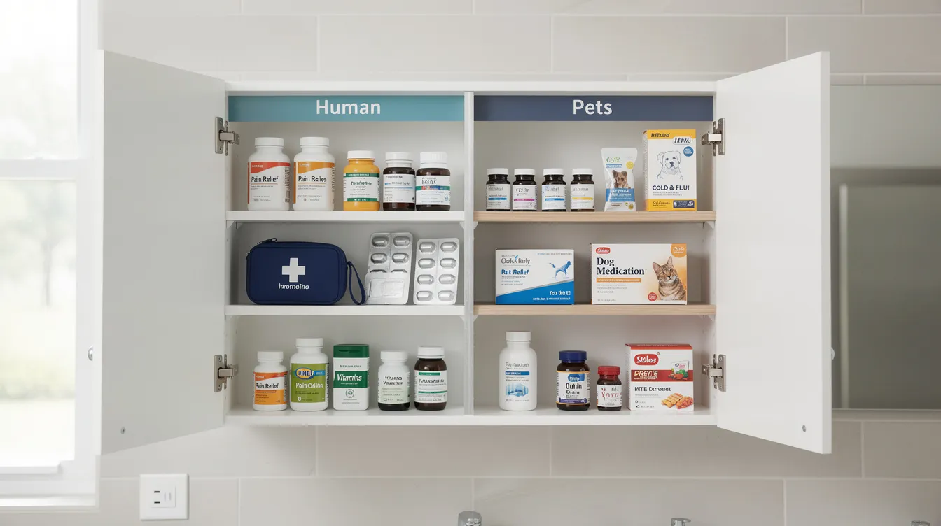 The image shows a well-organized medicine cabinet with separate sections for human and pet medications, highlighting the importance of proper pain management for both. The human pain relievers are clearly labeled, while the pet section includes veterinary prescribed medications for dog pain relief and joint health.