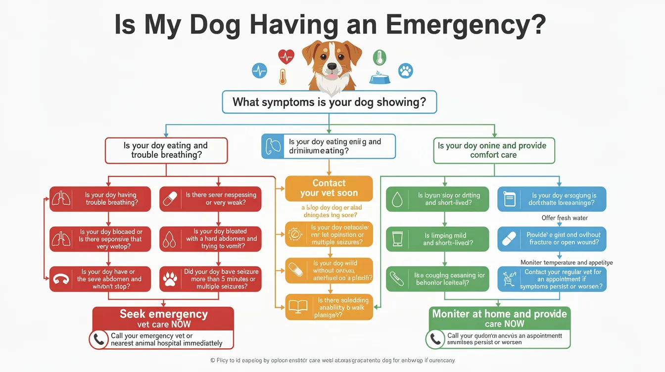 The image depicts a decision flowchart designed to help pet owners assess whether their dog's symptoms indicate a need for emergency veterinary intervention or if comfort care at home is appropriate. It outlines various signs of a dying dog, such as labored breathing, decreased appetite, and declining health, while emphasizing the importance of quality of life and seeking veterinary guidance for their beloved pet during its final days.