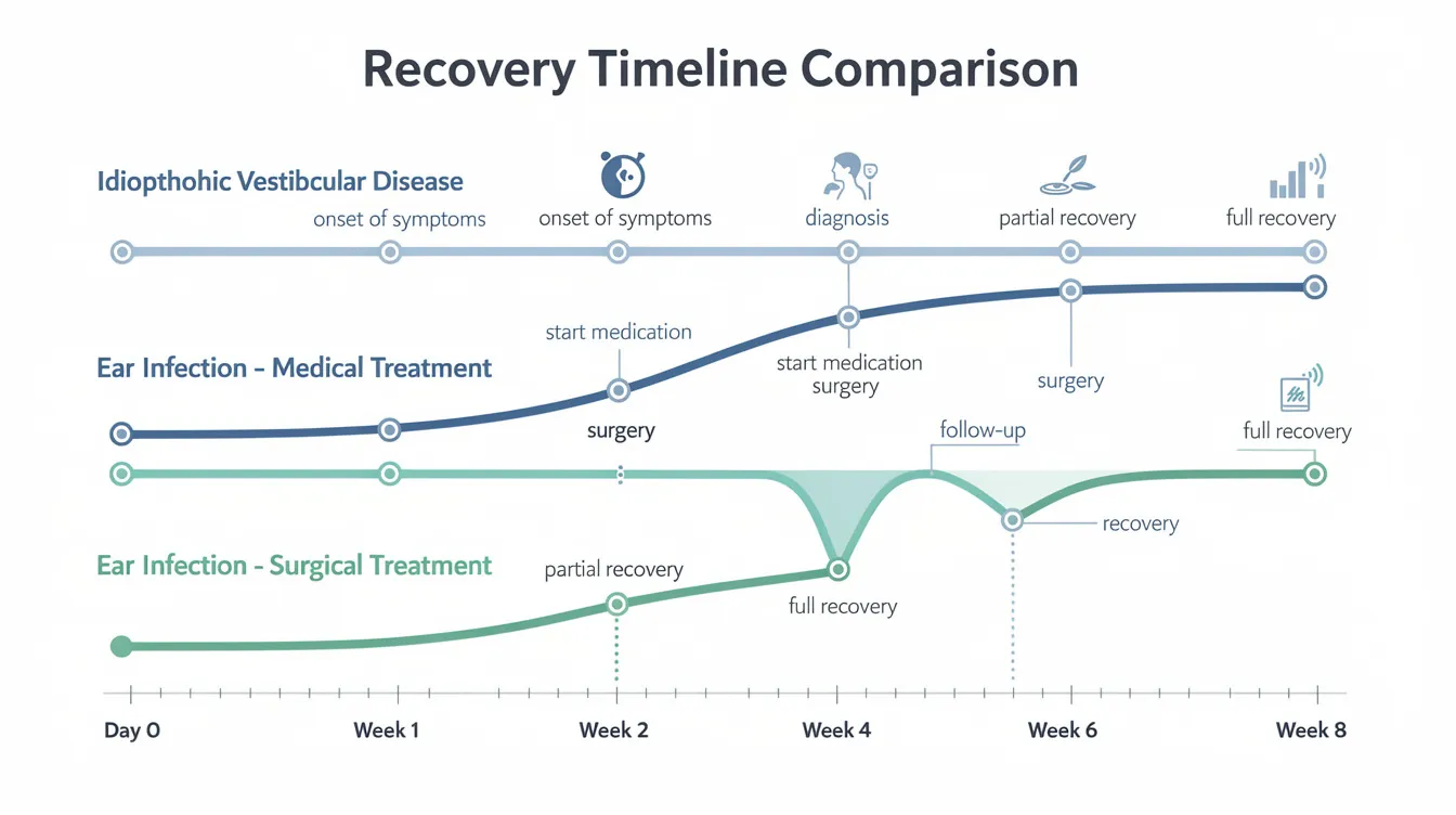 The image depicts a recovery timeline chart with three parallel tracks illustrating the progression of idiopathic vestibular disease, ear infection with medical treatment, and ear infection with surgical treatment, highlighting key milestones from day zero to week eight. Each track reflects the clinical signs and treatment approaches relevant to ear and vestibular conditions in cats, such as head tilt and balance issues.