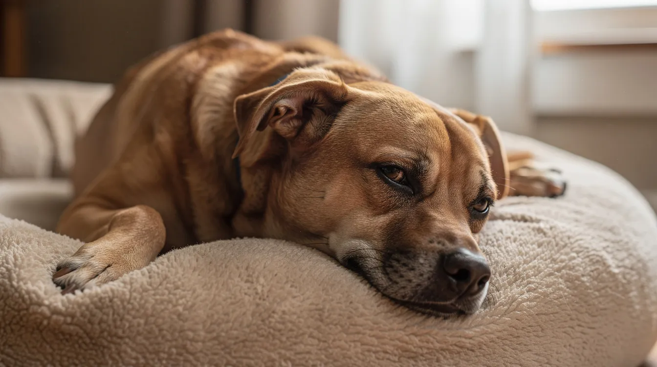 Relaxed dog resting on bed