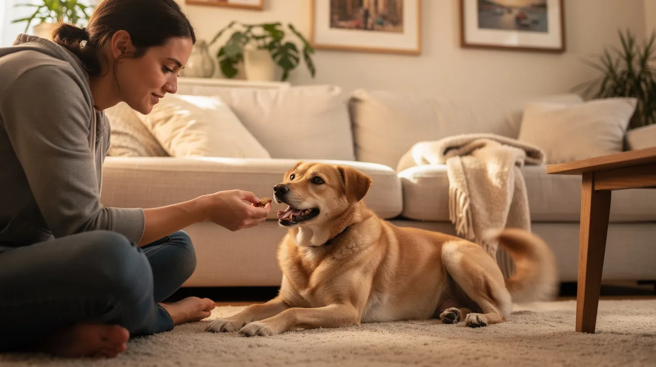 A pet owner is gently offering a treat to a relaxed dog in a cozy home setting, highlighting the bond between them. This scene reflects a caring approach to dog pain management, emphasizing the importance of proper pain relief for pets experiencing chronic or acute pain.