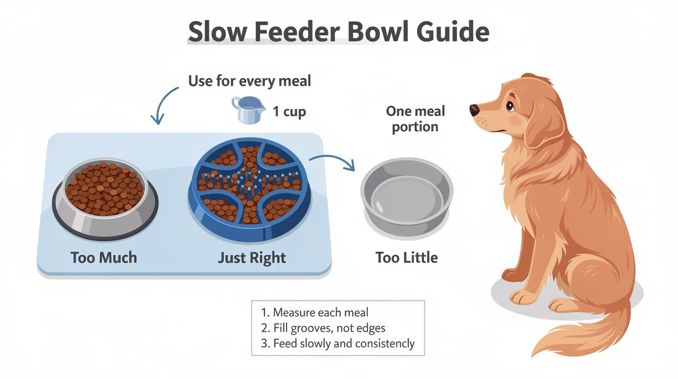 The image illustrates a slow feeder bowl designed for dogs, showing proper portion sizing to prevent issues like vomiting in dogs. It highlights the importance of using these bowls to promote healthy eating habits and reduce the risk of digestive problems.