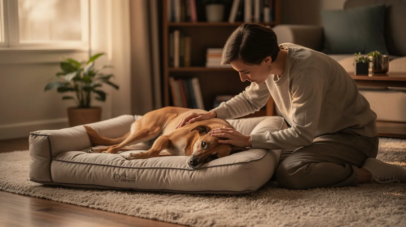 A person gently comforts a resting dog on an orthopedic bed, creating a warm and safe indoor environment. This scene highlights the importance of proper pain management for dogs, especially those dealing with chronic pain or recovering from acute injuries.