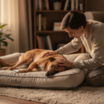 Woman petting dog on cozy bed