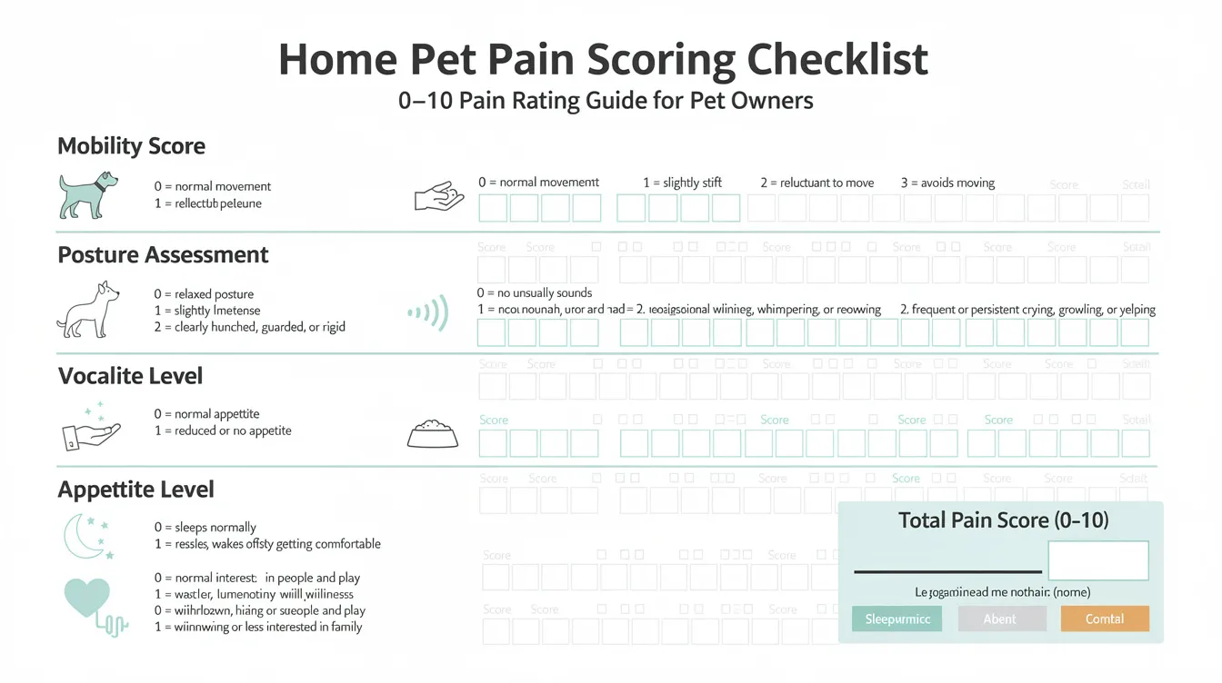 The image shows a home pain scoring checklist designed for pet owners to assess their dog’s pain levels, featuring weighted items such as mobility score, posture assessment, and vocalization frequency. This tool helps pet parents identify signs of pain, including subtle changes in behavior, and encourages them to seek veterinary advice if their dog is in pain.
