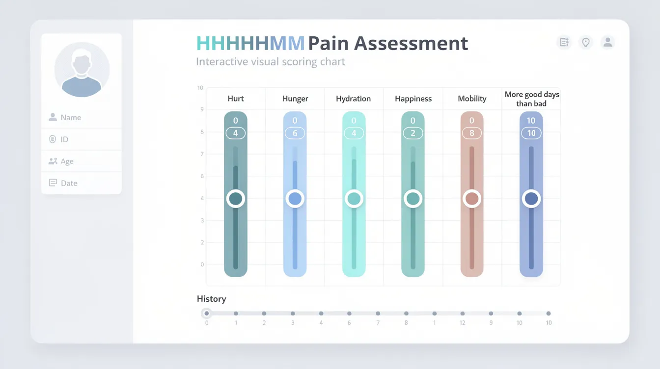 The image depicts an interactive pain assessment chart designed for evaluating a dog's quality of life across the seven HHHHHMM dimensions, featuring visual scoring indicators to help pet owners and family members assess their beloved pet's declining health. This tool can aid in understanding common signs and symptoms of a dog's final days, ensuring they receive appropriate end of life care and pain management.