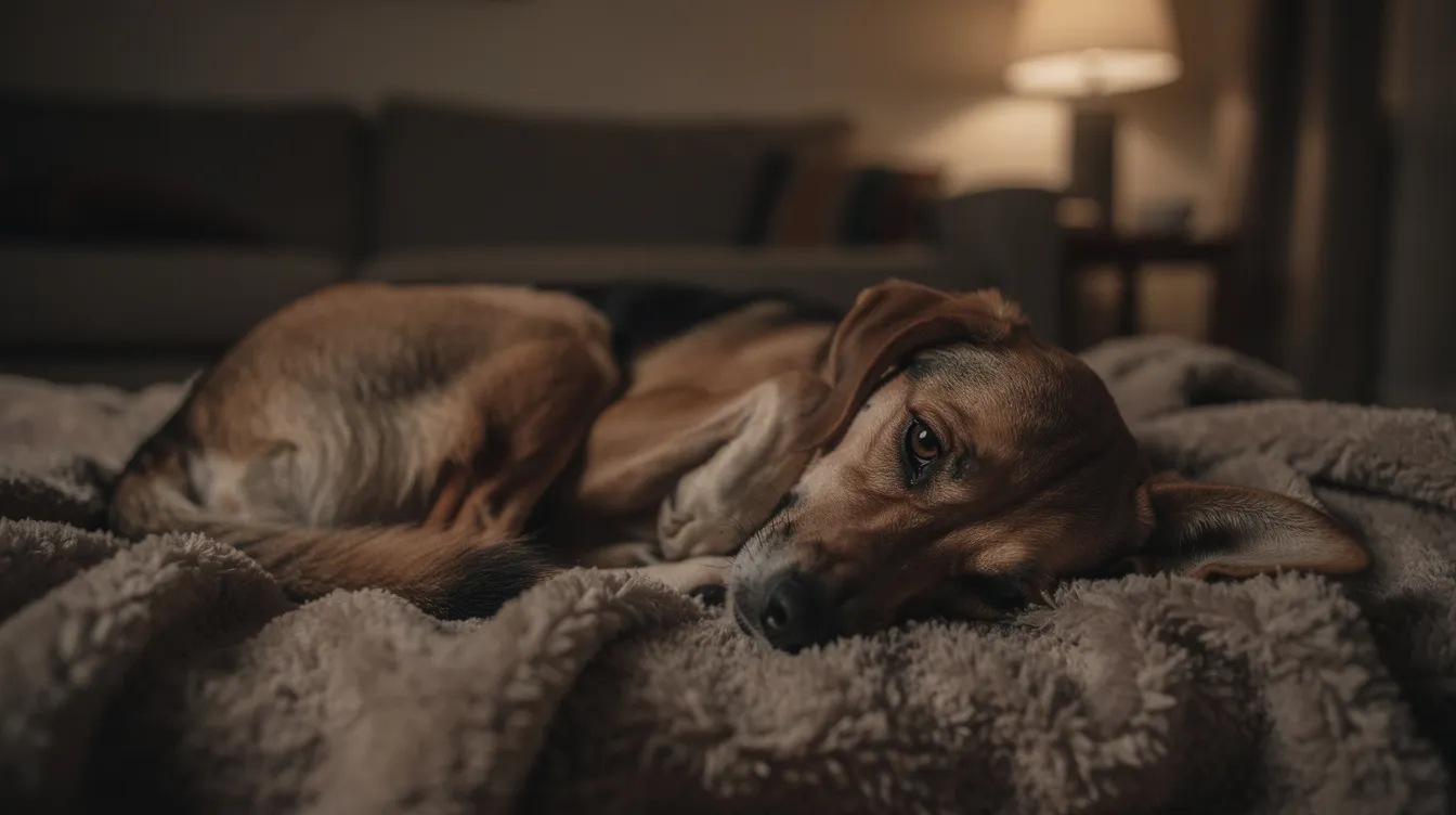 A dog lies quietly on a soft blanket in a dimly lit room, looking subdued and withdrawn, which may indicate it is experiencing pain or discomfort. This scene highlights the importance of proper pain management and veterinary care for dogs dealing with chronic or acute pain.