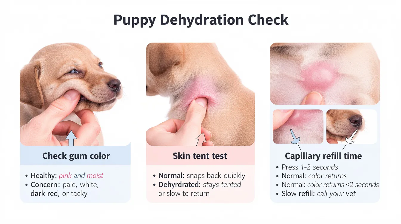 The image is a visual guide illustrating the steps to assess a puppy's hydration status by checking gum color, skin tenting, and capillary refill time. This method is essential for detecting dehydration, which can be a symptom of conditions like gastroenteritis in dogs, and emphasizes the importance of veterinary care for proper treatment.
