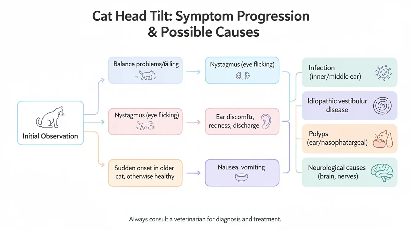 The flowchart illustrates the progression of the cat head tilt symptom, starting from initial observation and detailing accompanying symptoms, leading to potential diagnoses such as inner ear infections, idiopathic vestibular disease, and neurological causes. It highlights the importance of veterinary care, including physical examinations and advanced imaging techniques like MRI, to determine the underlying cause of the head tilt and associated vestibular signs.