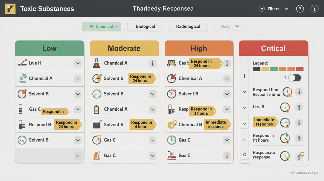 The image depicts an interactive chart that categorizes various toxic substances based on their severity level and the required response time, providing crucial information for pet owners. This resource can help identify warning signs and determine when to seek veterinary care immediately if a dog displays symptoms like vomiting or other severe reactions.