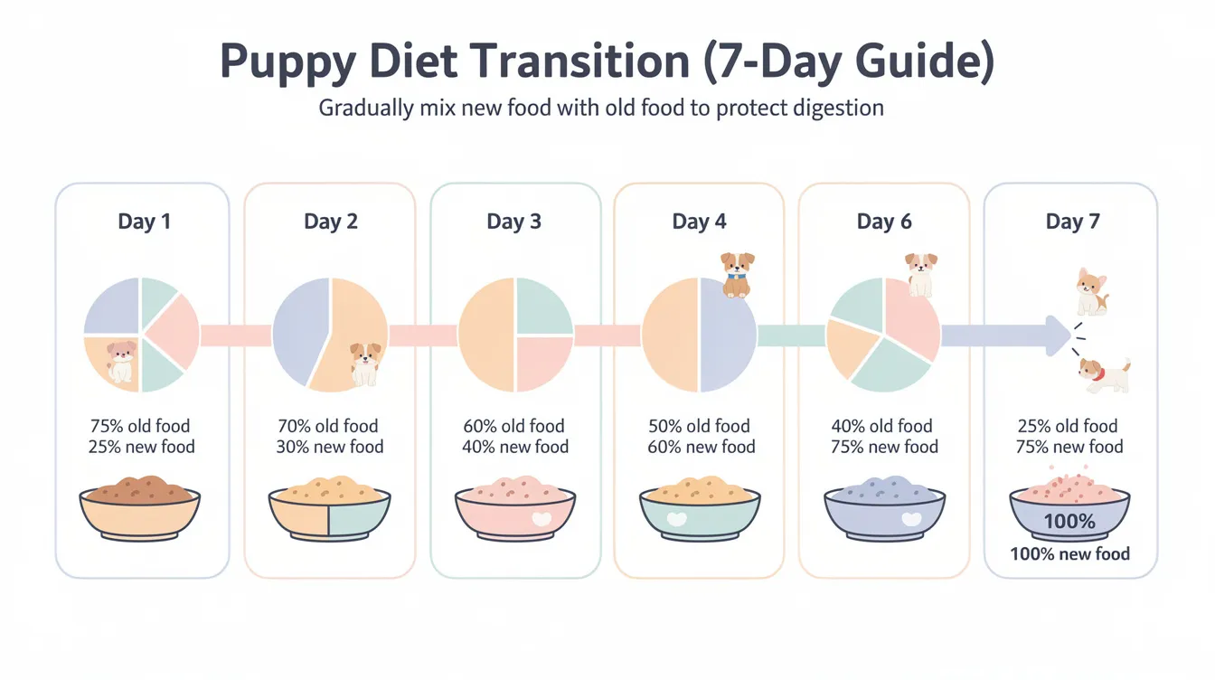 The image depicts a detailed timeline for transitioning a puppy's diet over seven days, illustrating the gradual proportion changes of the new food each day. This careful approach helps prevent gastrointestinal upset and symptoms of gastroenteritis in dogs, such as vomiting and diarrhea.