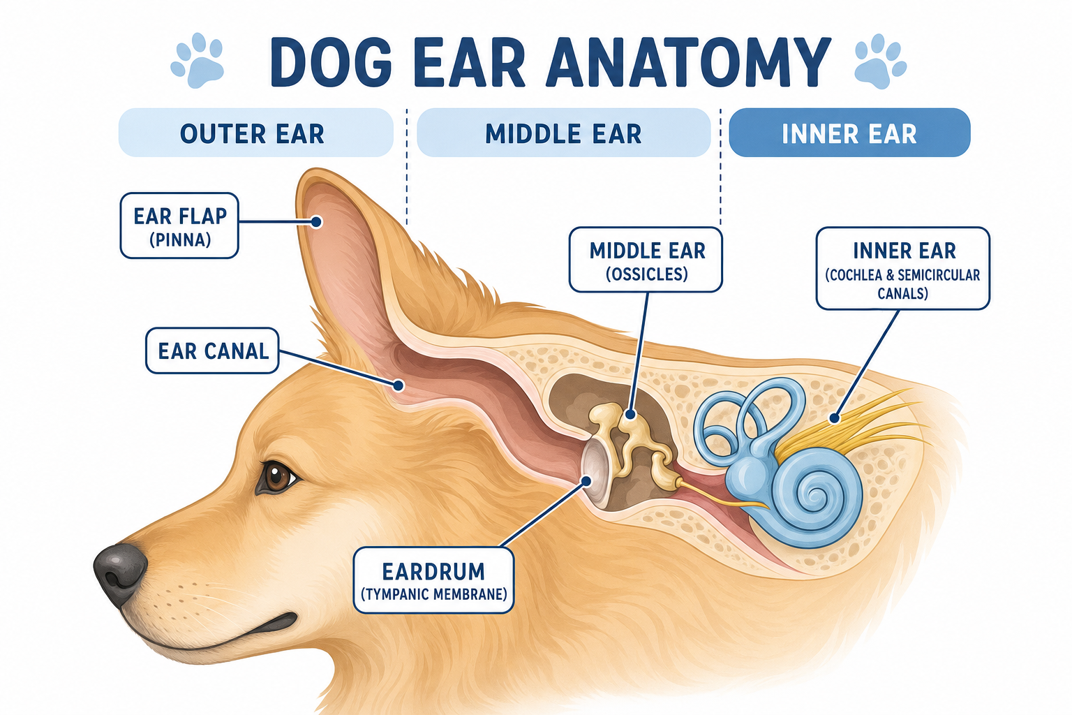 Diagram of dog ear anatomy showing the outer ear canal, middle ear, and inner ear