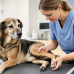 Veterinarian examining a dog's hind leg and paw for signs of weakness or ataxia during a clinical exam
