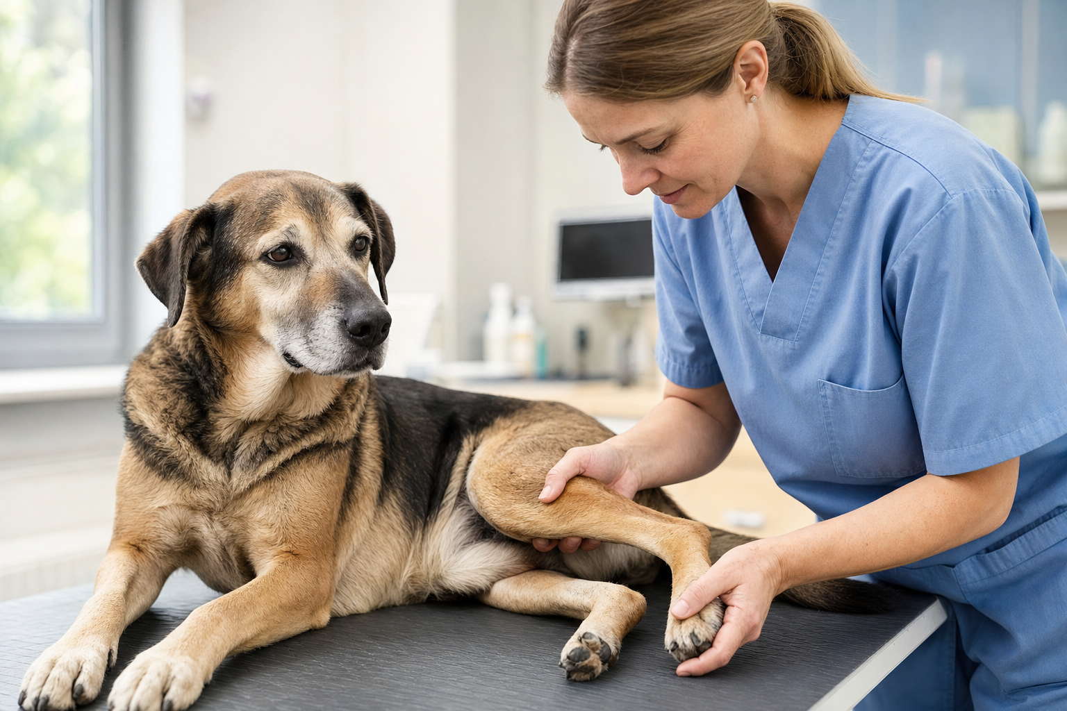 Veterinarian examining a dog's hind leg and paw for signs of weakness or ataxia during a clinical exam
