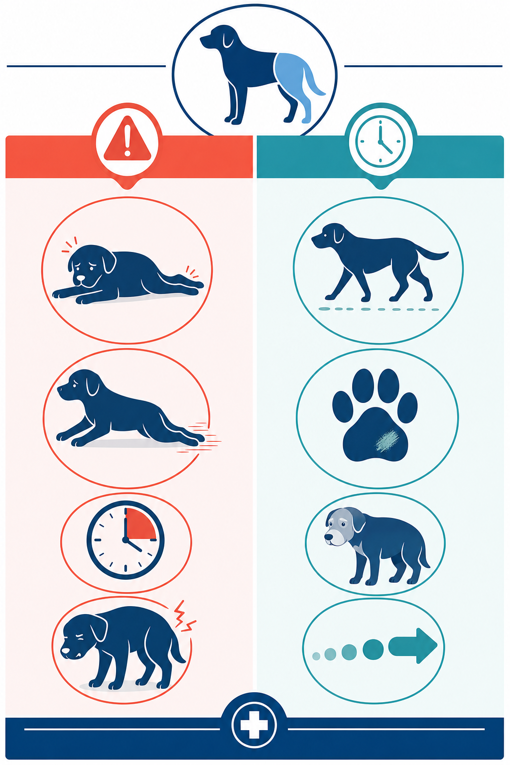 Illustrated diagram comparing emergency hind-leg weakness warning signs in dogs against non-emergency, gradual warning signs