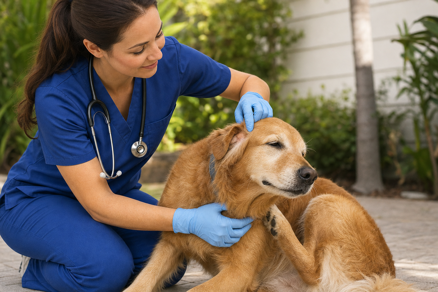A dog scratching an itchy, allergic skin reaction, illustrating common signs of atopic dermatitis in dogs