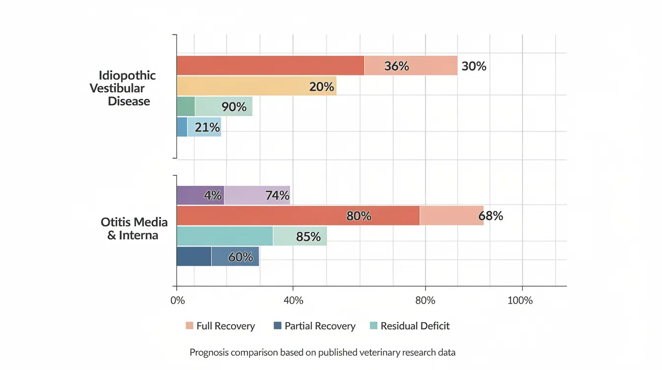 The image depicts a bar chart comparing prognosis percentages for full recovery, partial recovery, and residual deficits in cases of idiopathic vestibular disease versus ear infections like otitis media and interna, highlighting the impact of these conditions on the vestibular system in cats. The chart visually represents data from veterinary research, focusing on clinical signs and treatment outcomes for affected animals.