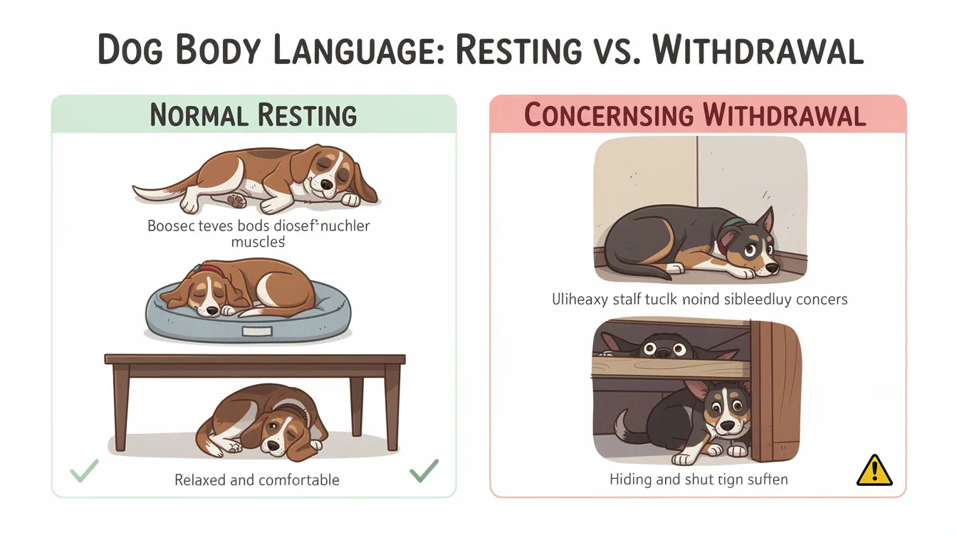 The image illustrates a guide contrasting normal resting positions of dogs with concerning withdrawal and hiding behaviors, highlighting signs that may indicate a dog's declining health and quality of life. It serves as a visual resource for pet owners and family members to recognize potential symptoms in their beloved pets during their final days.