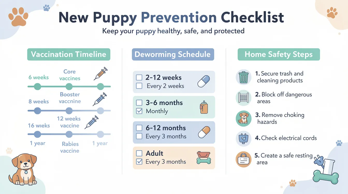 The image depicts an interactive prevention checklist designed for new puppy owners, outlining essential information such as a vaccination timeline, deworming schedule, and home safety steps to prevent gastrointestinal issues like gastroenteritis in dogs. This resource aims to help owners recognize symptoms such as frequent vomiting and diarrhea, ensuring proper veterinary care and treatment for their pets.