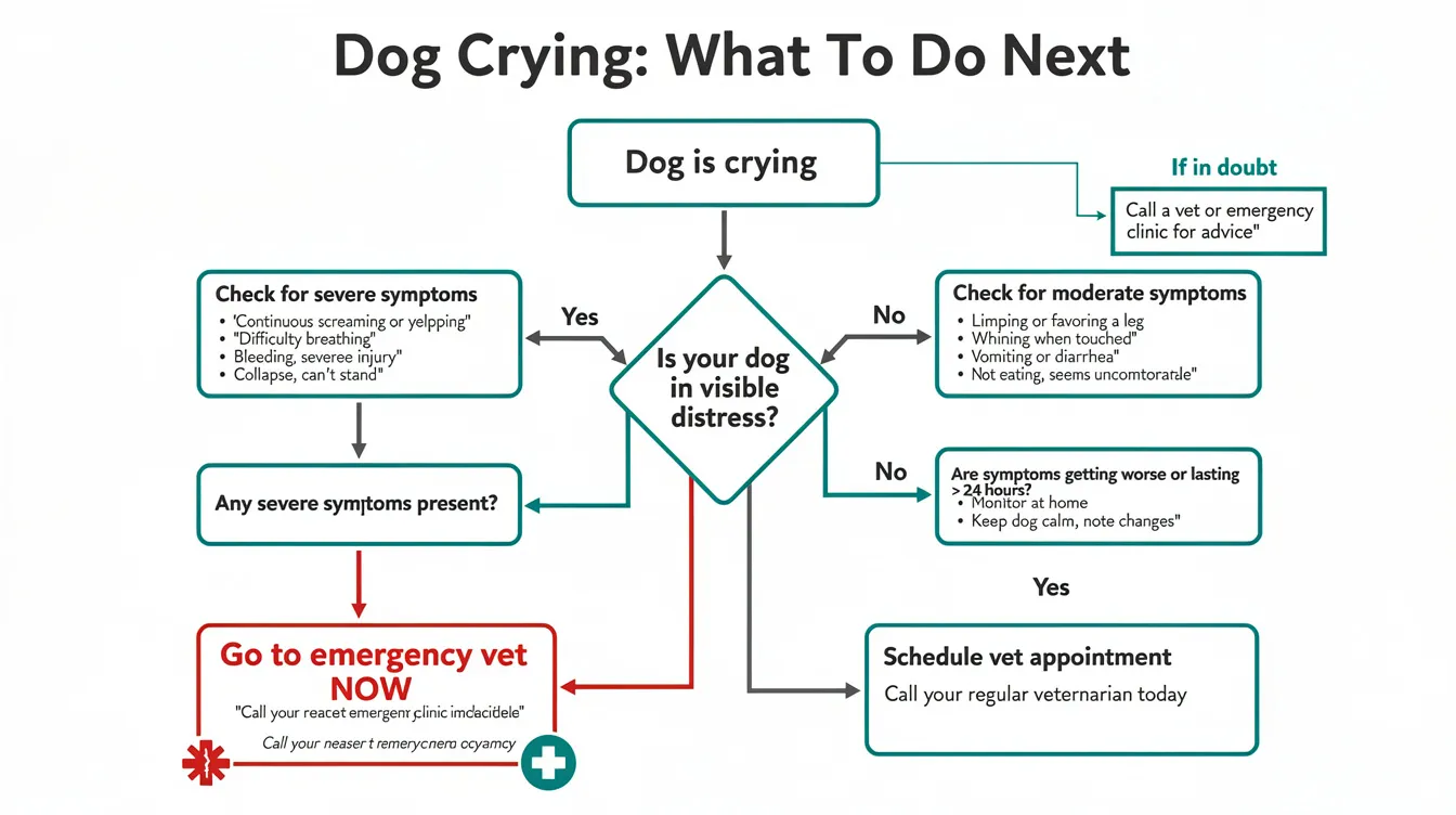 The image depicts a decision tree flowchart outlining the steps pet owners should take when their dog is crying, starting from the onset of symptoms through assessment and leading to either an emergency vet clinic visit or a scheduled appointment, based on the severity of the dog's pain. The flowchart highlights common signs of pain in dogs, such as difficulty moving and behavioral changes, guiding pet parents in seeking veterinary advice.