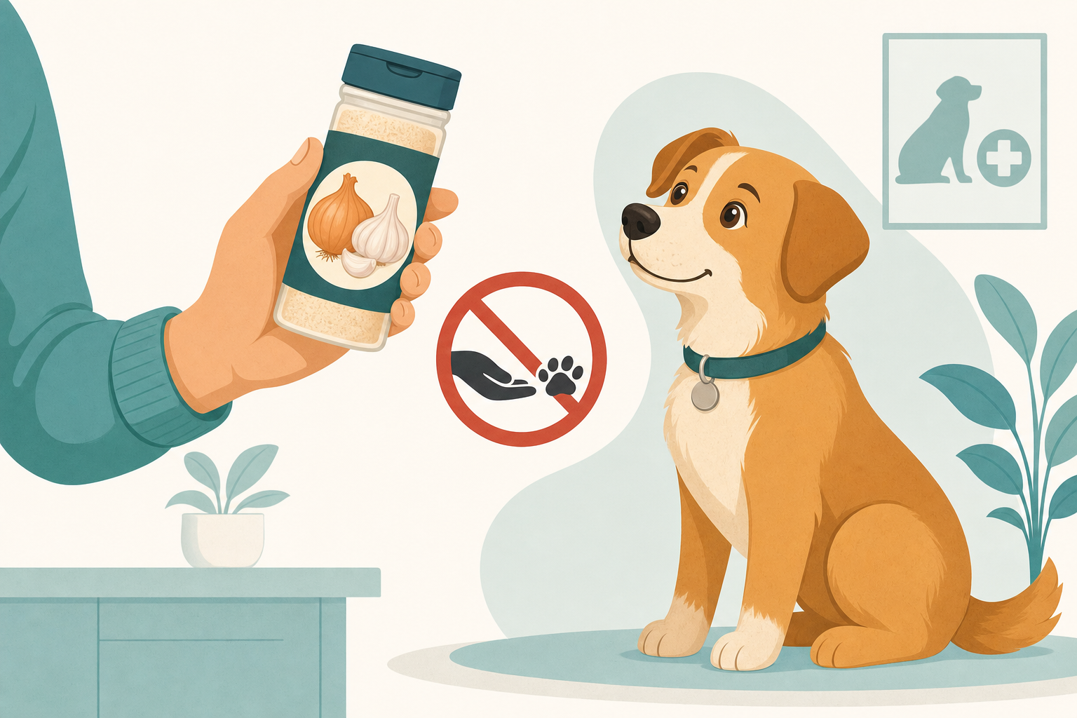 Illustration of a hand holding a seasoning jar with onion and garlic icons next to a dog, with a do-not-share hand-and-paw icon.