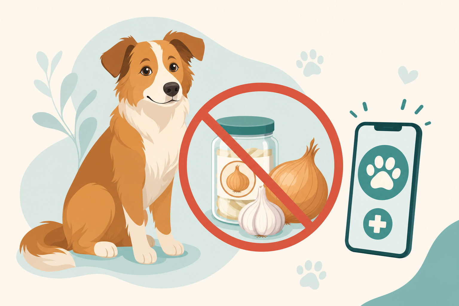 Illustration of a dog beside a crossed-out onion, garlic bulb, and jar, with a phone icon reminding owners to call a veterinarian.