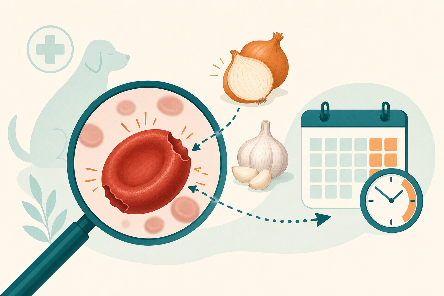 Illustration of a magnified red blood cell affected by onion and garlic compounds, with a calendar and clock symbolizing a multi-day delayed effect.