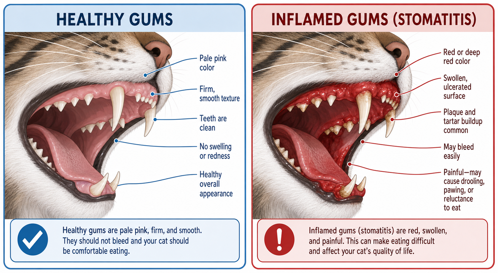 Comparison illustration of healthy cat gums versus gums inflamed by feline stomatitis