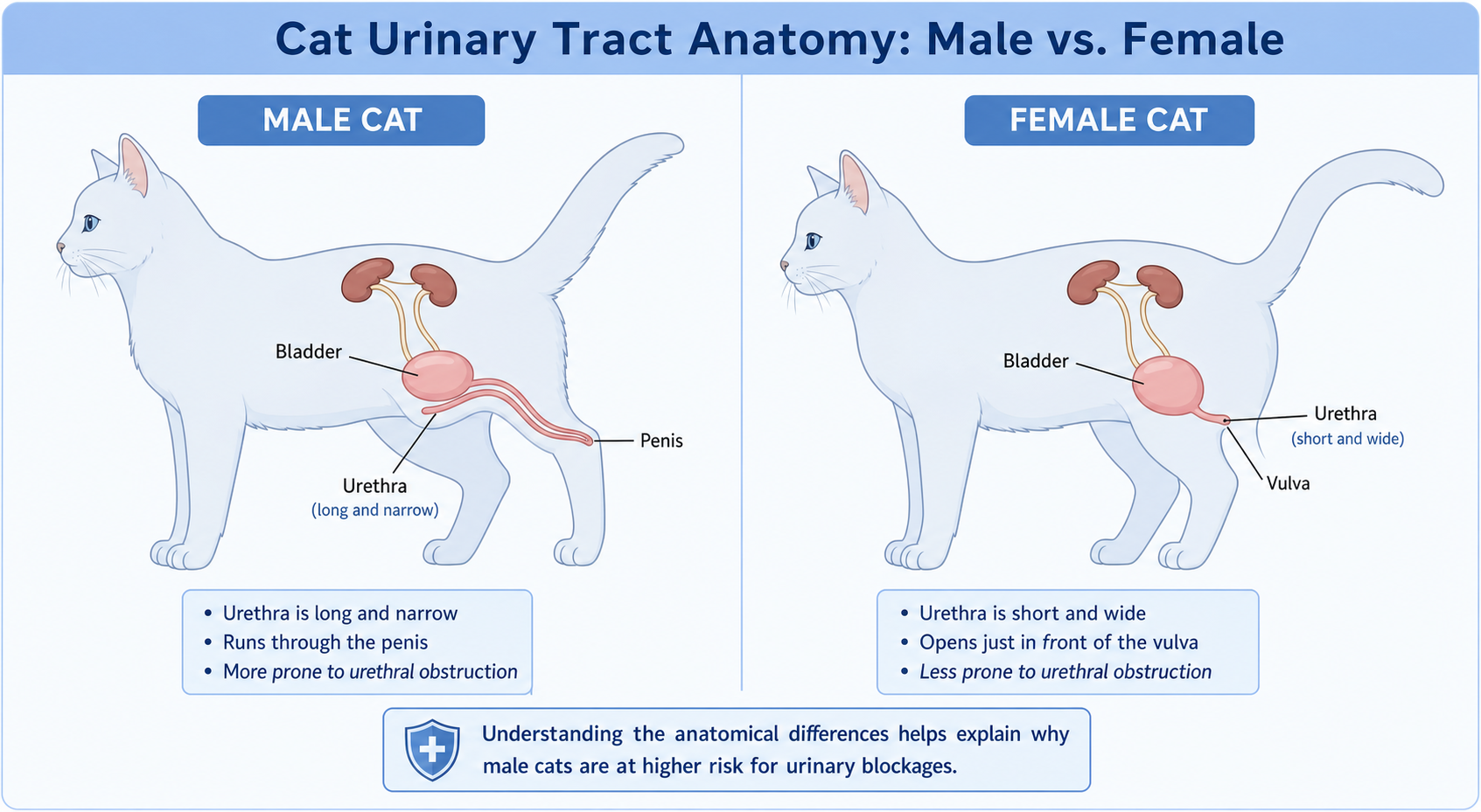 Diagram comparing male and female cat urinary tract anatomy, showing why male cats are more prone to urethral obstruction