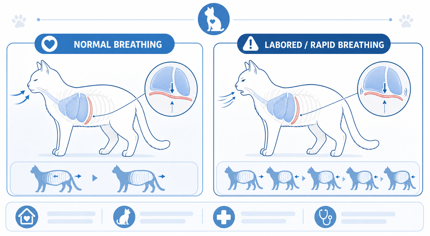 Diagram comparing normal cat breathing to labored, rapid breathing