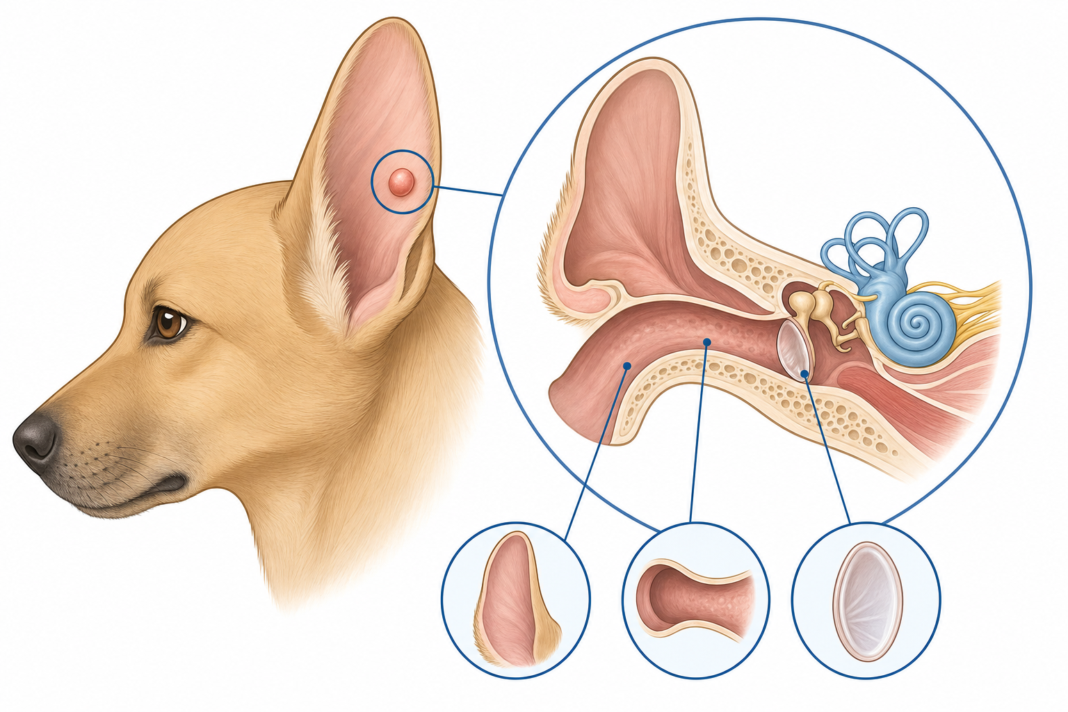 Diagram of dog ear anatomy showing the ear flap, canal, and a possible lump location