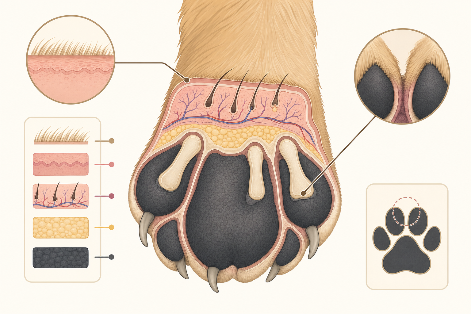 Cross-section diagram of a dog paw pad showing skin and tissue layers